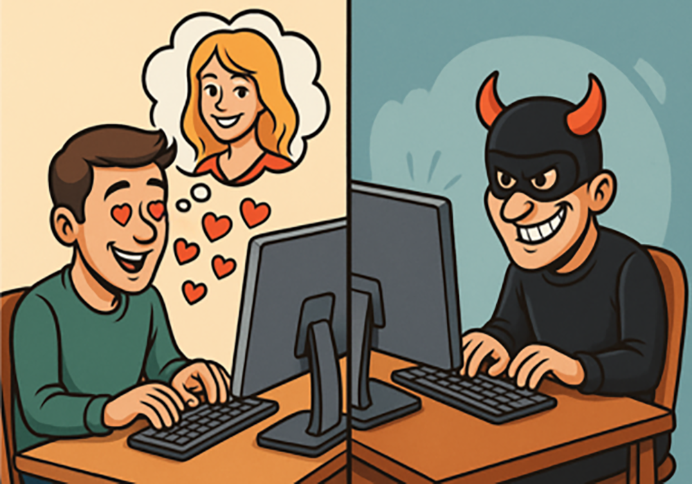 A man chatting on a dating site, unaware she’s messaging a scammer — an example of why safe, verified matchmaking with Your Personal Matchmaker matters